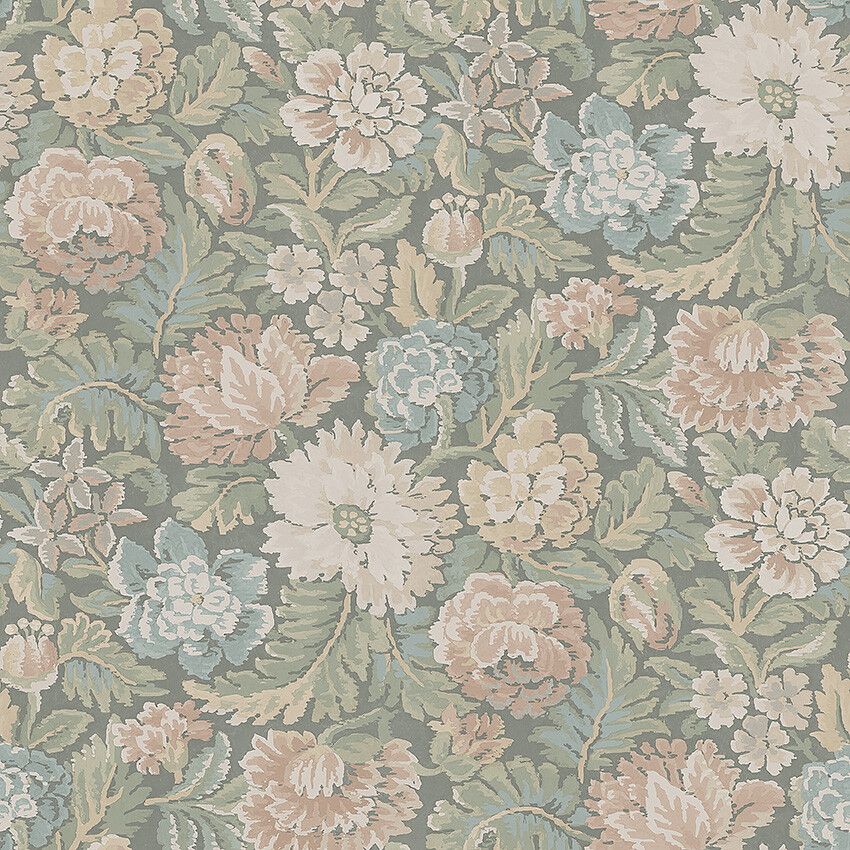Nightingale Garden grågrön botten tapet med blommigt mönster i grön. Från kollektionen Cottage Garden. Nonwoven-material med rak passning. Passar i vardagsrum, matsal och hall.