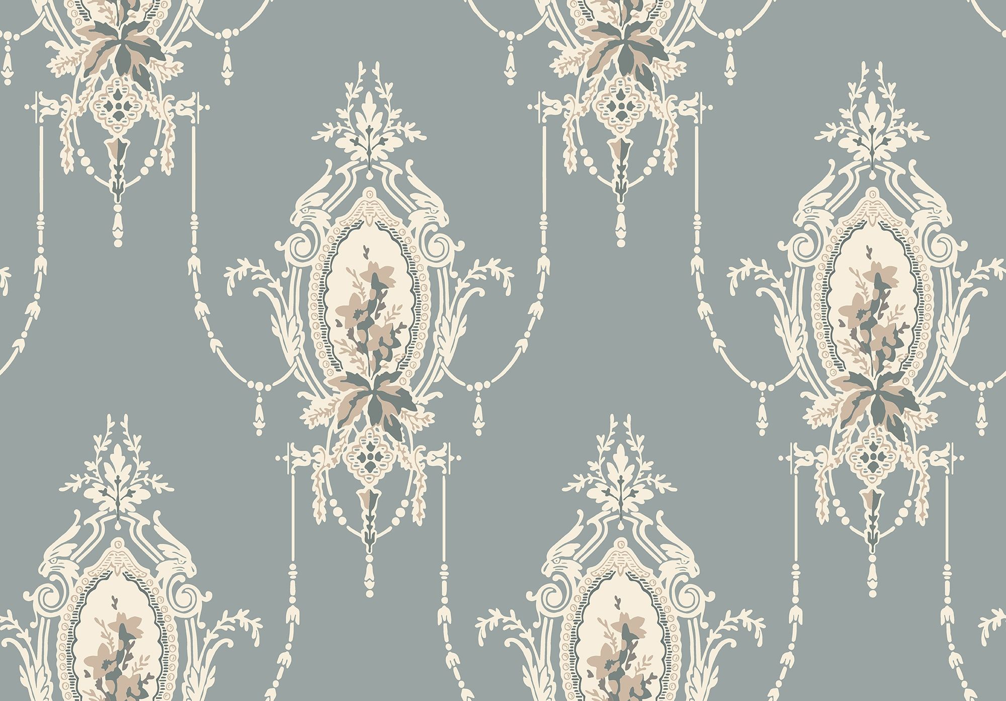 Edsbyn Blå tapet med medaljonger mönster i blå. Från kollektionen Gammalsvenska klassiker 1850–1950. Nonwoven-material med rak passning. Passar i vardagsrum och matsal.