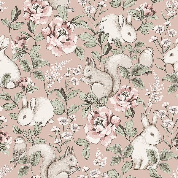 Magic Forest rosa, tapet tapet från Boråstapeter med djur, blommigt, barnrum mönster i rosa. Från kollektionen Newbie II Wallpaper. Nonwoven-material med rak passning. Country-stil. Passar i barnrum.