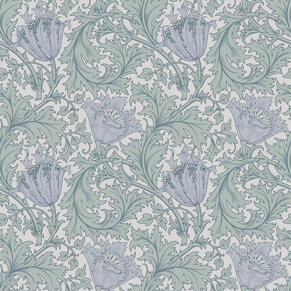 Anemone - W. Morris, blå tapet tapet från Midbec med botaniskt, blommigt mönster i grön och blå. Från kollektionen Hidden Treasures vol 1. Nonwoven-material med rak passning.