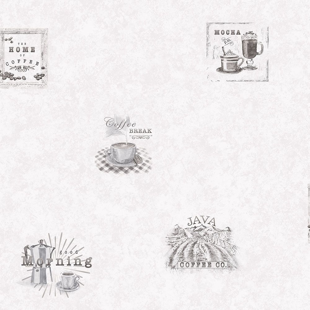 Coffee tapet med text mönster i grå. Från kollektionen Just Kitchens. Nonwoven-material med förskjuten passning.