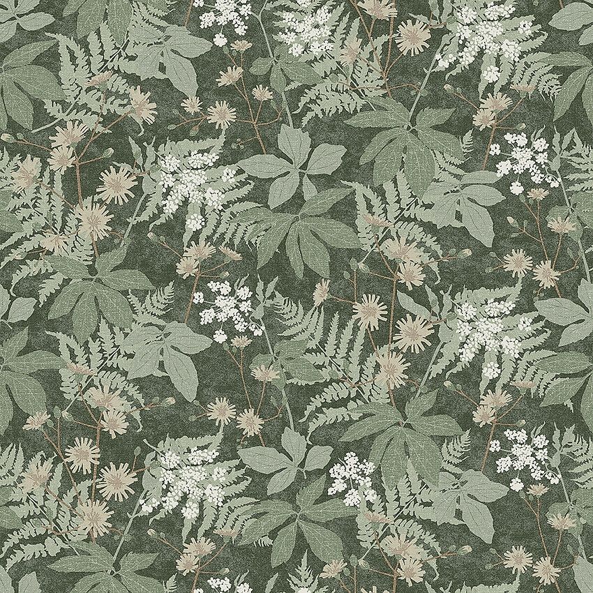 Lindskog tapet med botaniskt mönster i grön. Från kollektionen Essens. Nonwoven-material med rak passning. Passar i vardagsrum, matsal och kök.