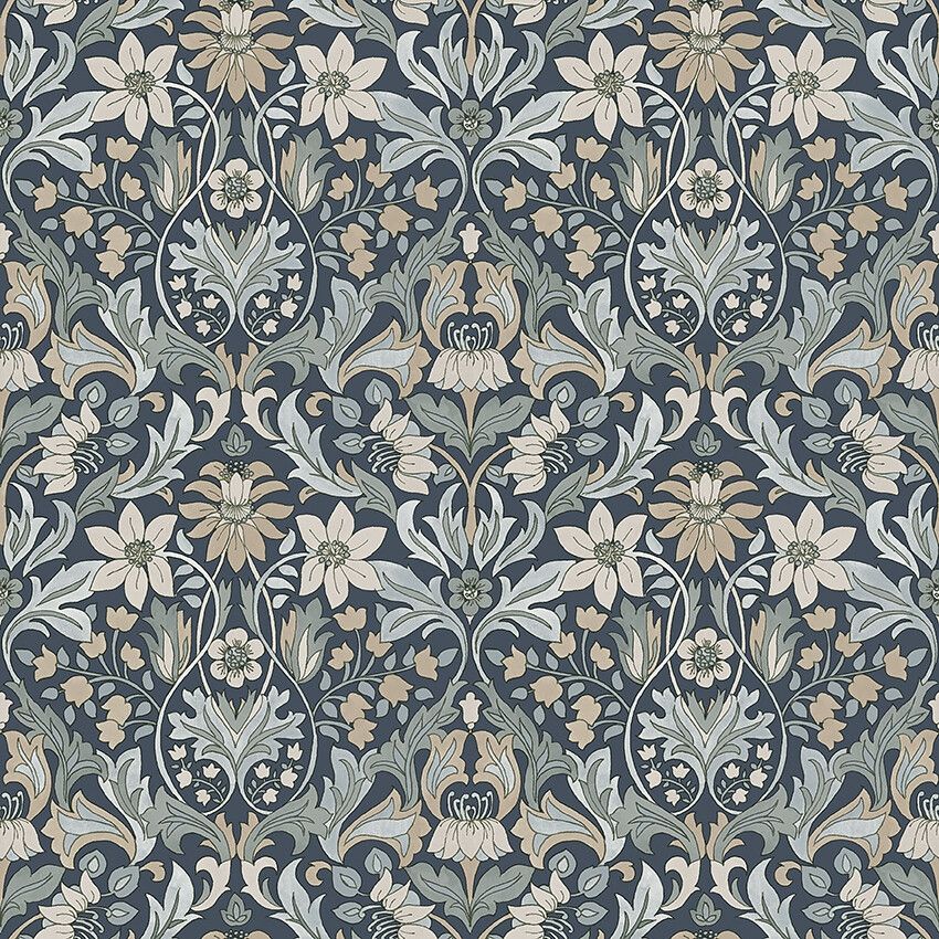 Blomsterfröjd tapet med blommigt mönster i blå. Från kollektionen timeless traditions. Nonwoven-material med rak passning. Country-stil.