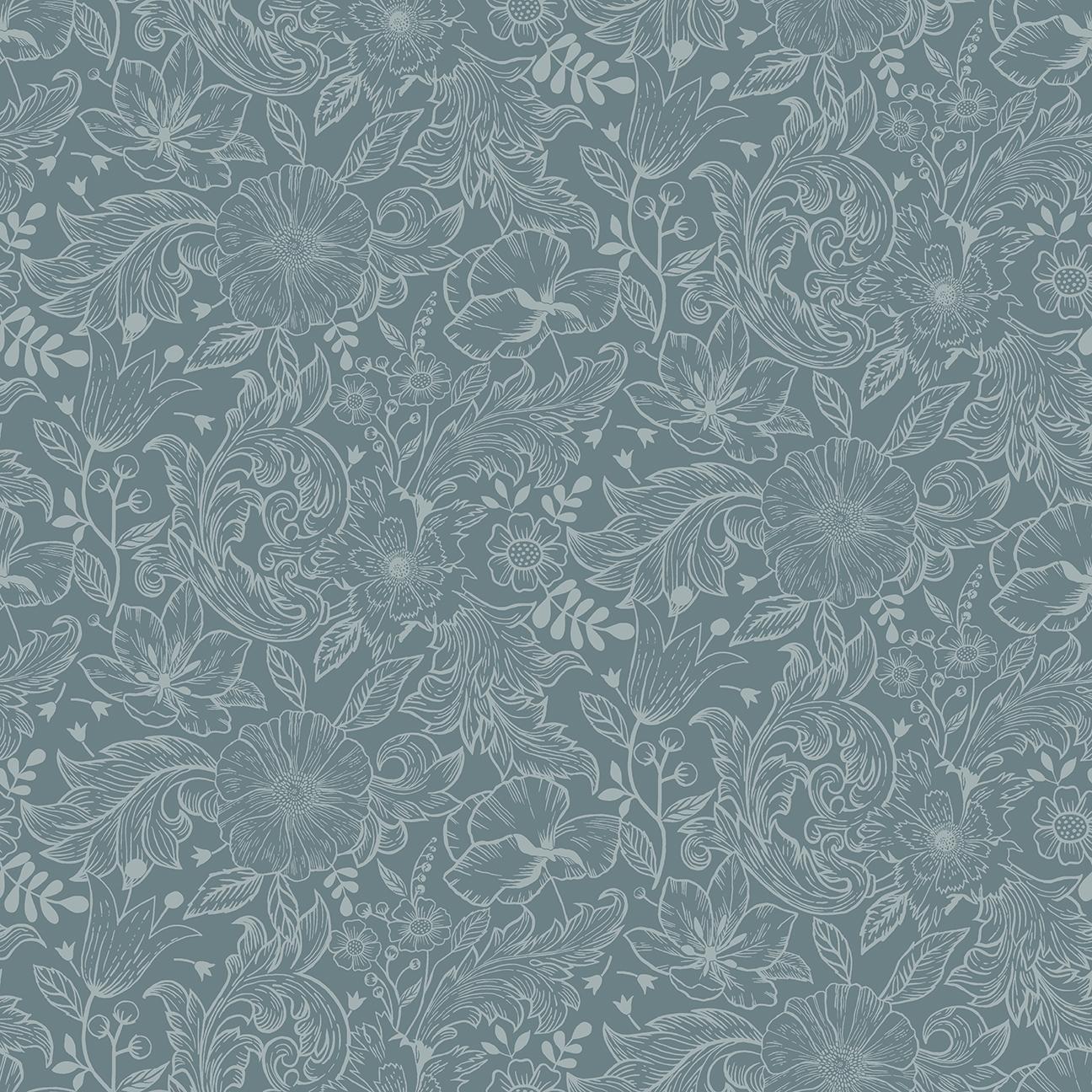 Wilma tapet med blommigt mönster i blå. Från kollektionen Ängås. Nonwoven-material med rak passning.