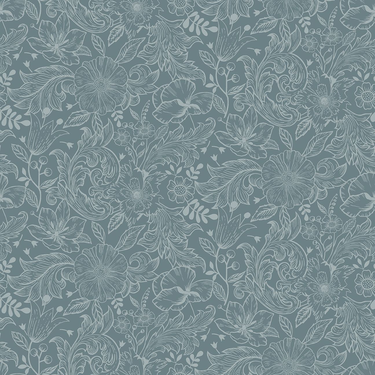 Wilma tapet med blommigt mönster i blå. Från kollektionen Ängås. Nonwoven-material med rak passning.