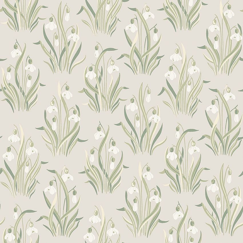 Snödroppe tapet med botaniskt, blommigt mönster i grå. Från kollektionen New Heritage. Nonwoven-material med rak passning.
