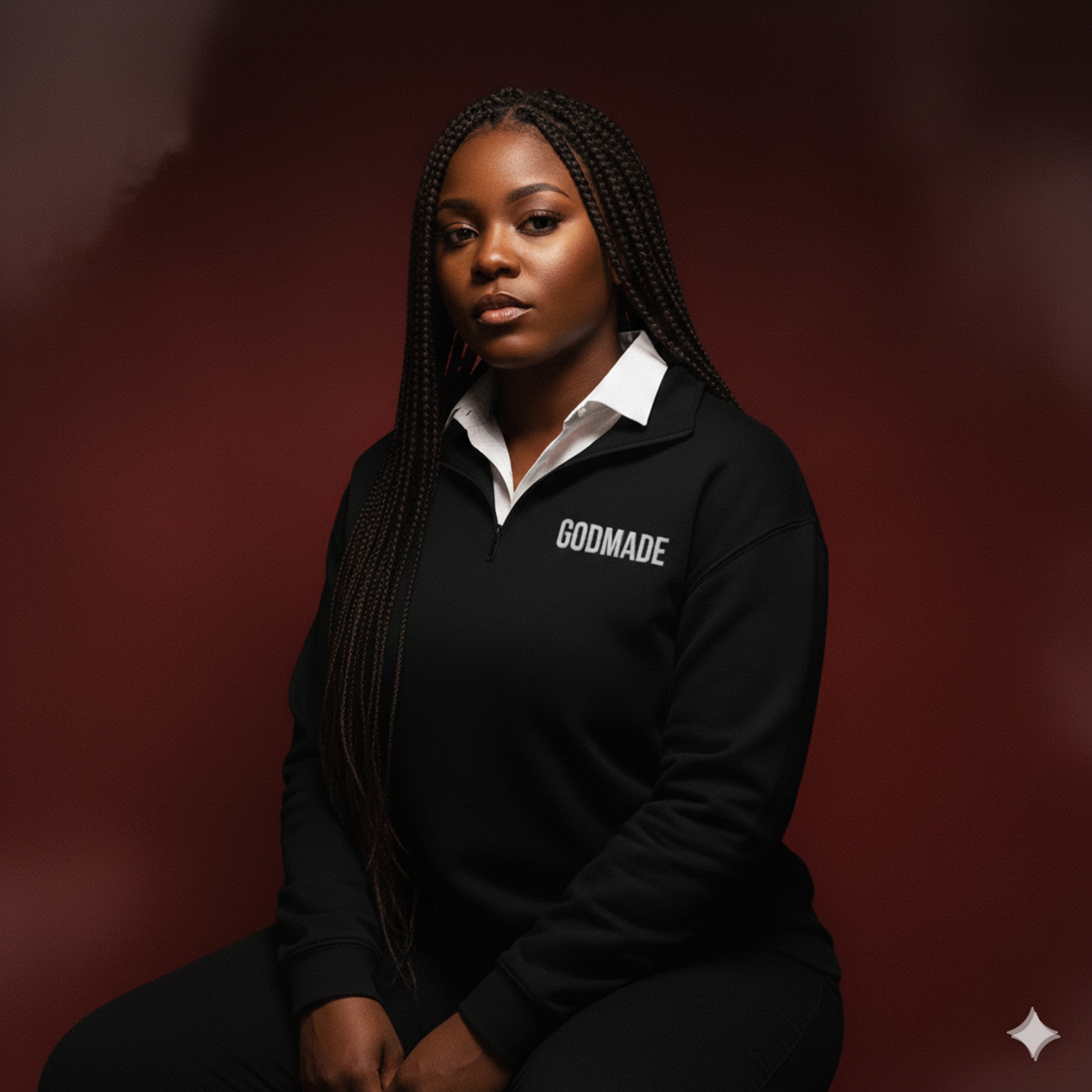 Black GODMADE quarter-zip pullover displayed on a deep burgundy background, featuring a minimalist white chest logo, structured collar, and premium oversized fit.