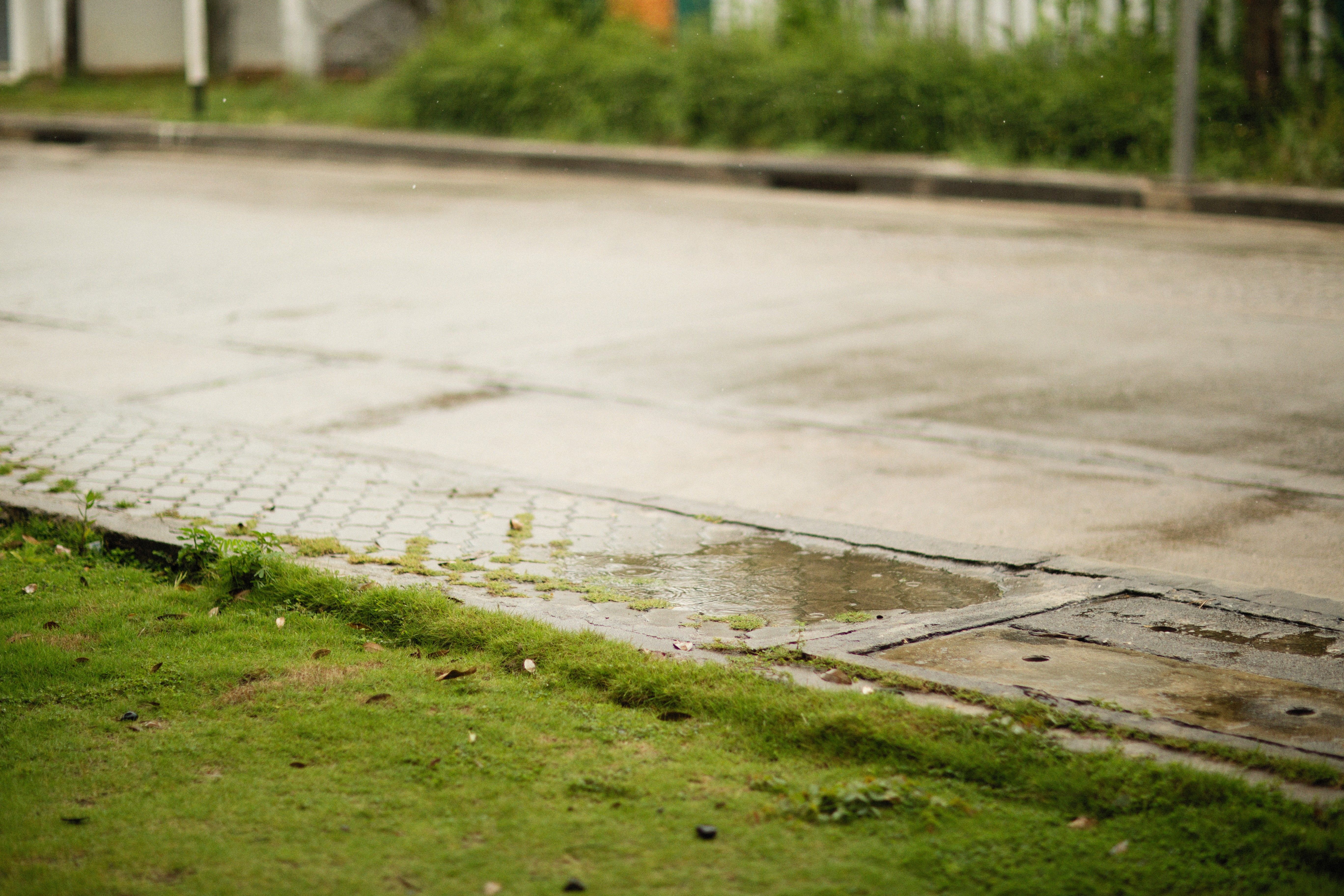 Cracked, puddled sidewalk beside a wet street where a sidewalk fall in Philadelphia could happen