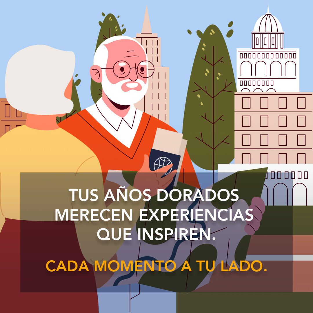 Tus años dorados merecen experiencias que inspiren. Cada Momento a tu lado. Pareja de ancianos explora en una ciudad nueva