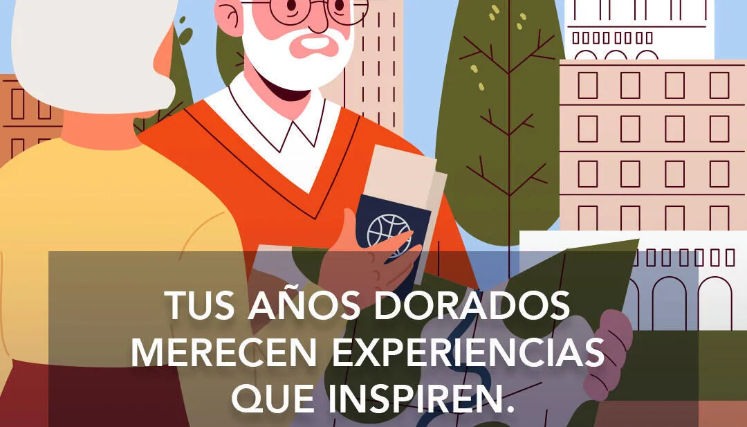 Tus años dorados merecen experiencias que inspiren. Cada Momento a tu lado. Pareja de ancianos explora en una ciudad nueva