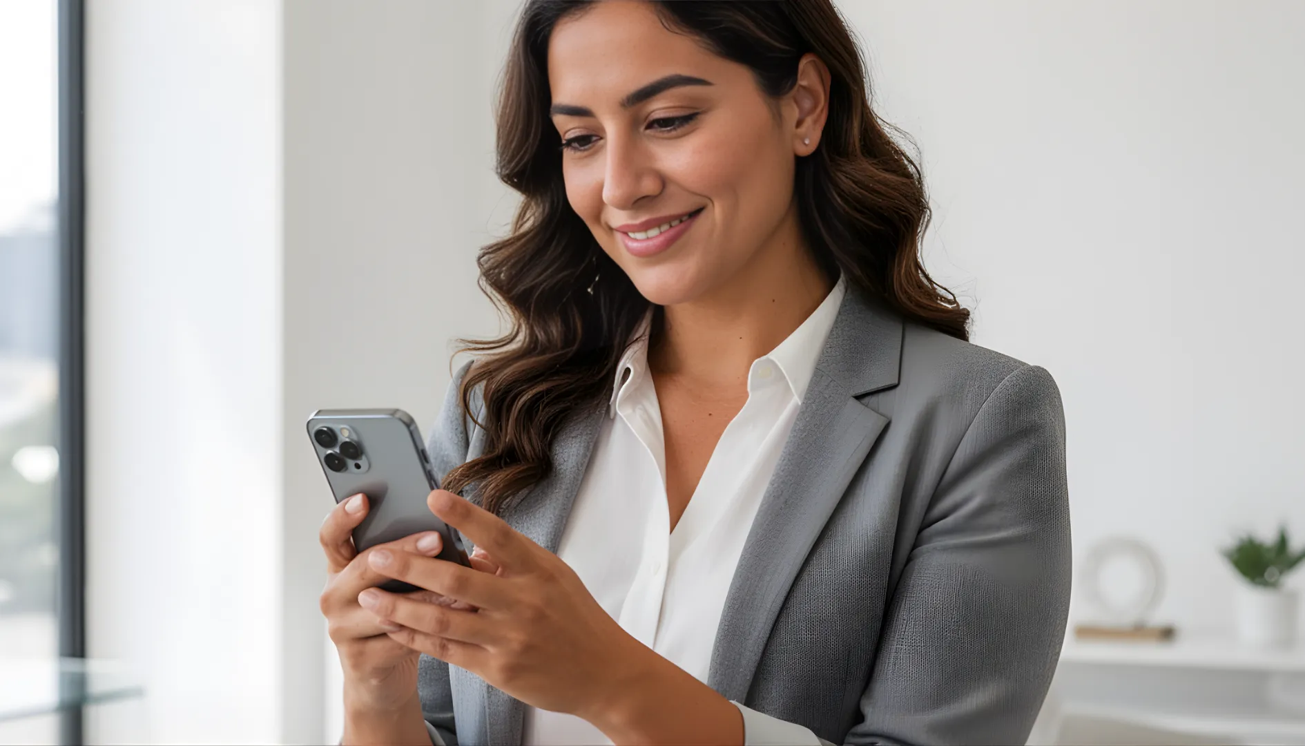 Mujer profesional usando su smartphone en entorno corporativo, representando contratación digital rápida y segura de seguros iSure.