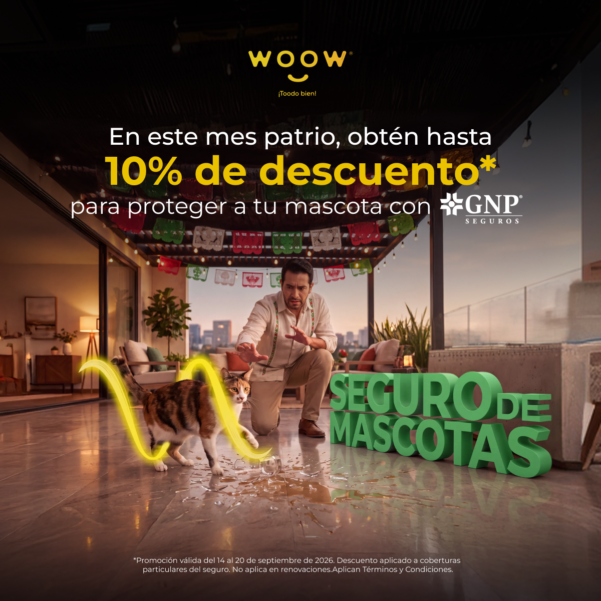 Cupón con 10% de descuento en seguro de mascota con GNP mostrando una persona con su gato