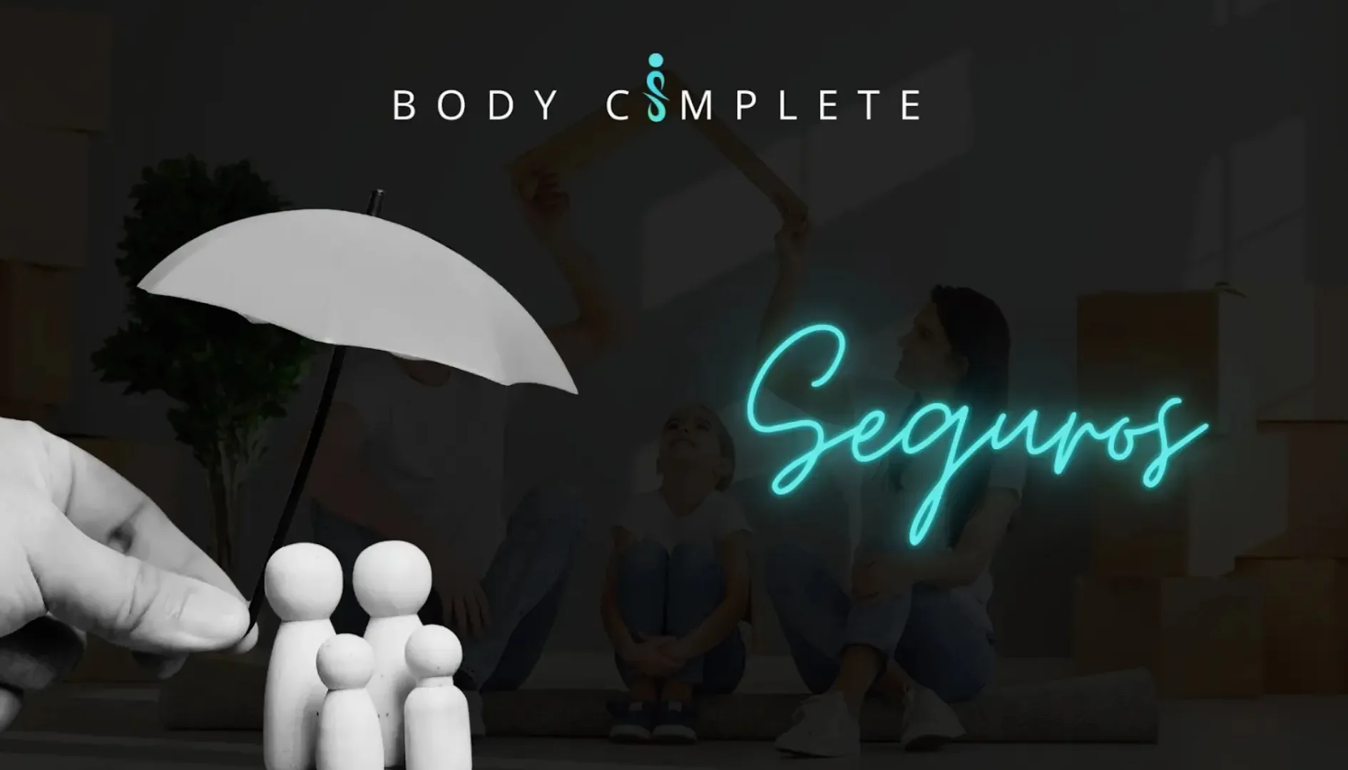 Familia protegida bajo un paraguas, simbolizando seguridad, prevención y bienestar familiar con los planes de Body Complete.