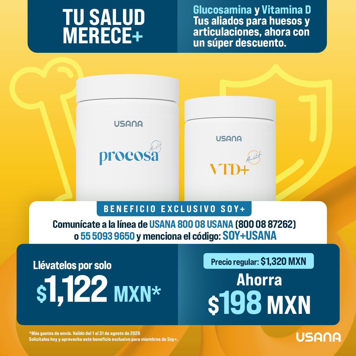 ¡Ahorra $198 MXN en tu Dúo Procosa y VTD+ de USANA! Paga solo $1,122 MXN con tu beneficio exclusivo Soy Más. Usa el código SOY+USANA al llamar al 800 08 87262 o 55 5093 9650. ¡Tiempo limitado!