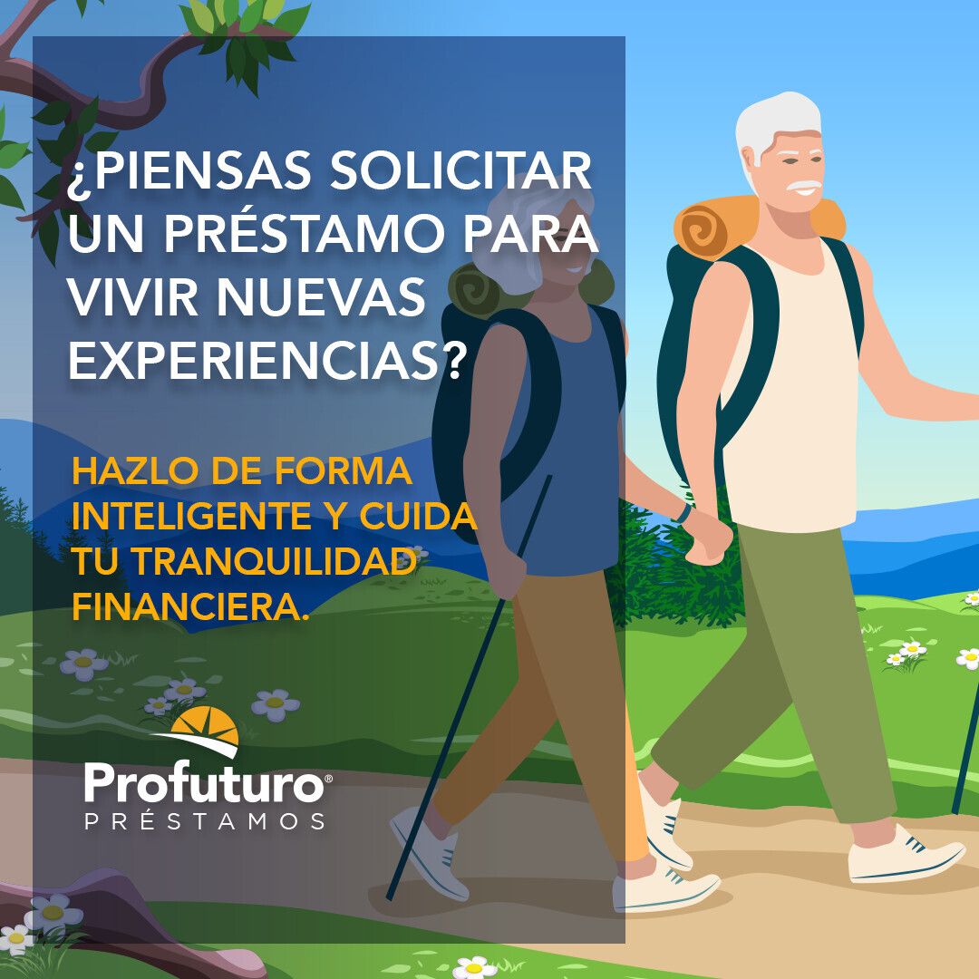 ¿Piensas solicitar un préstamo para vivir nuevas experiencias? Hazlo de forma inteligente y cuida tu tranquilidad financiera. Logo Profuturo Préstamos. Pareja de veteranos haciendo hiking campo traviesa