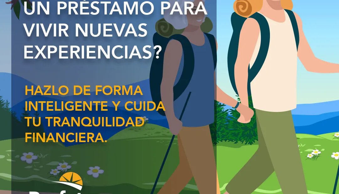 ¿Piensas solicitar un préstamo para vivir nuevas experiencias? Hazlo de forma inteligente y cuida tu tranquilidad financiera. Logo Profuturo Préstamos. Pareja de veteranos haciendo hiking campo traviesa