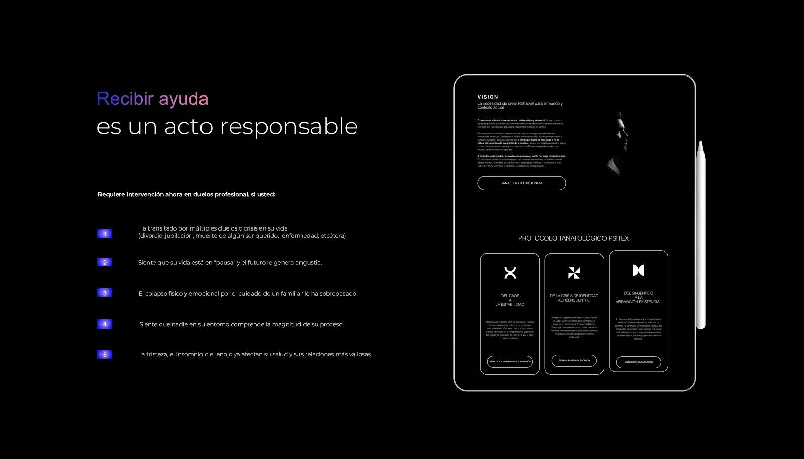 Pantalla de información sobre procesos de duelo y acompañamiento psicológico profesional en la plataforma PSITEX.