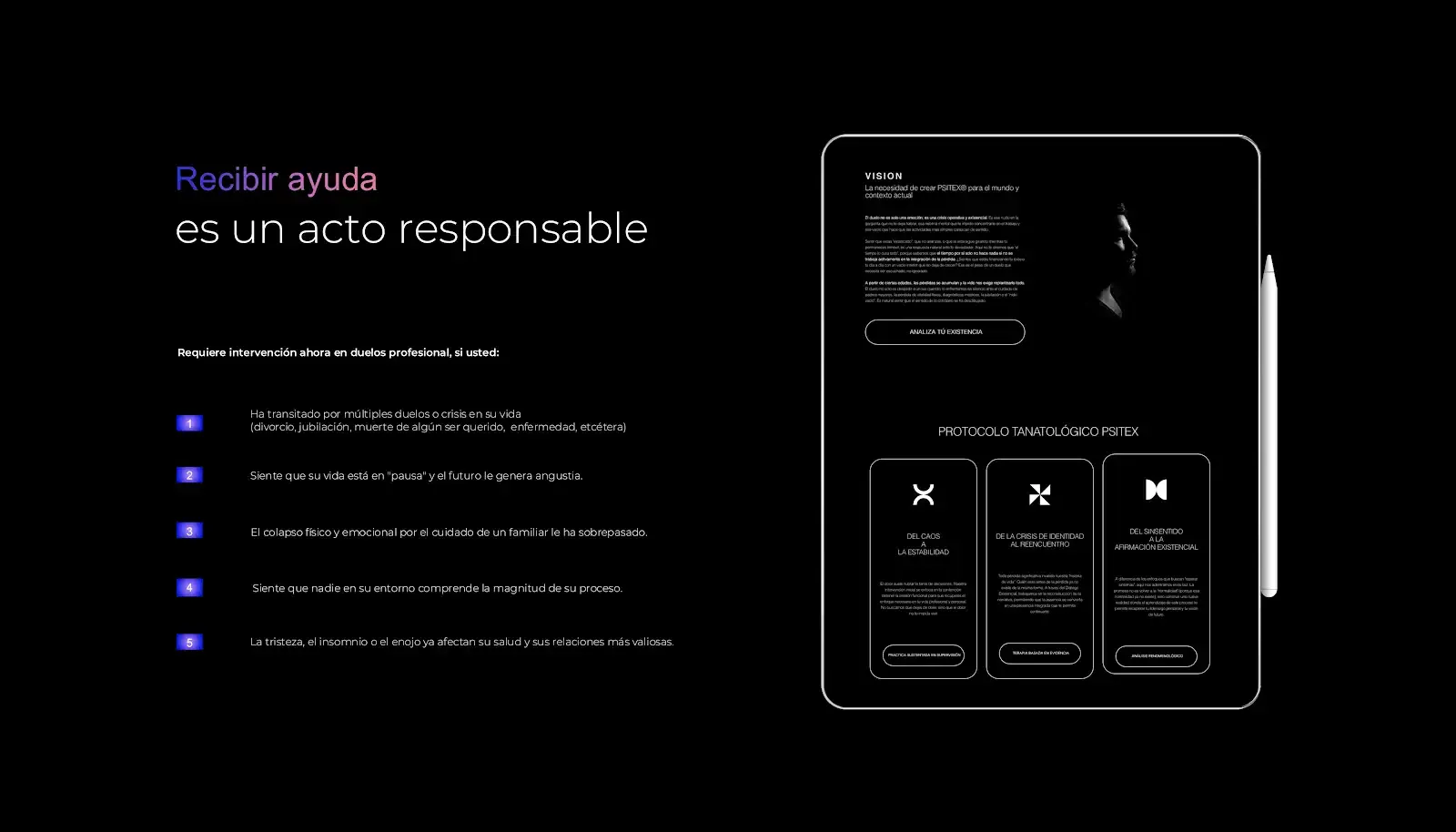 Pantalla de información sobre procesos de duelo y acompañamiento psicológico profesional en la plataforma PSITEX.