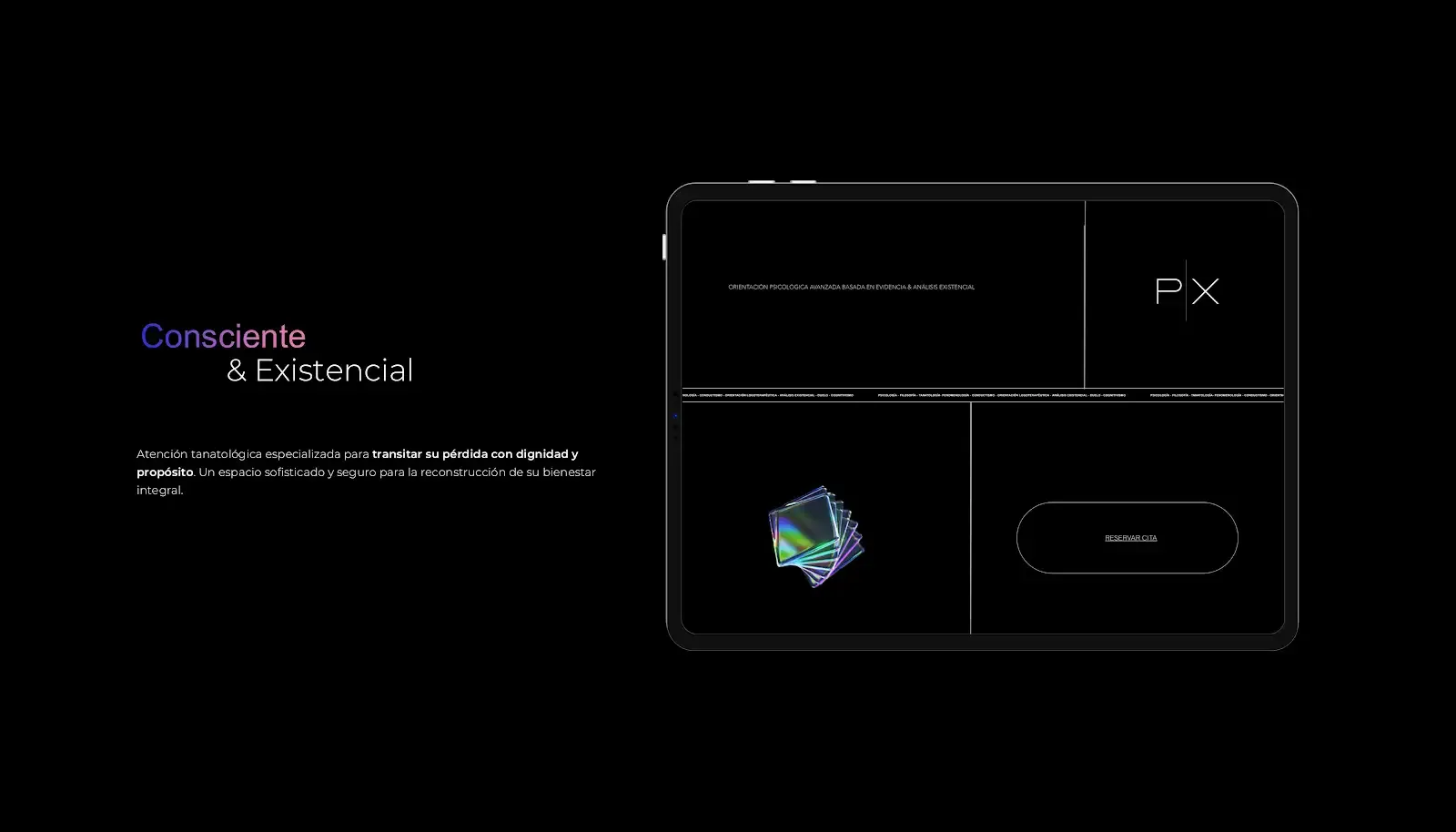 Interfaz de la plataforma PSITEX mostrando servicio de orientación psicológica y tanatológica online con enfoque consciente y existencial.