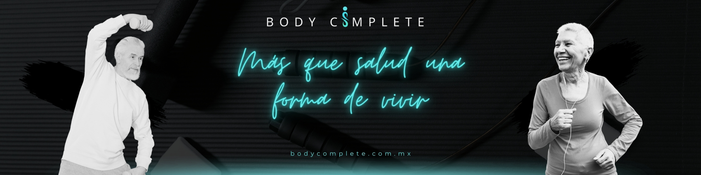 Personas mayores activas y felices con mensaje ‘Más que salud, una forma de vivir’, reflejando bienestar integral y estilo de vida saludable con Body Complete