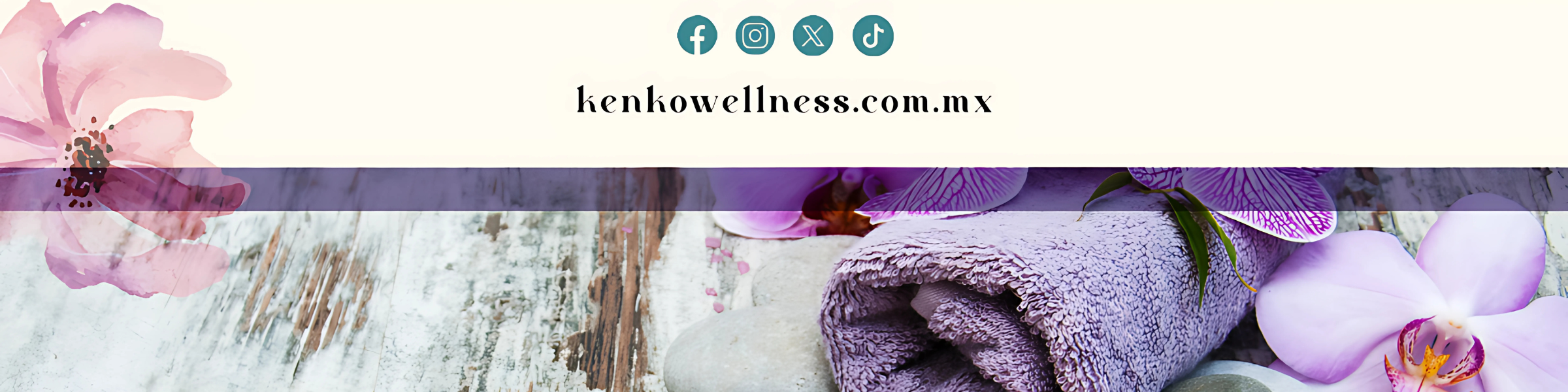 KenKo Wellness México – Imagen con toalla morada enrollada, flores de orquídea y piedras de spa sobre superficie rústica de madera. Incluye dirección web kenkowellness.com.mx y logotipos de redes sociales Facebook, Instagram, X y TikTok
