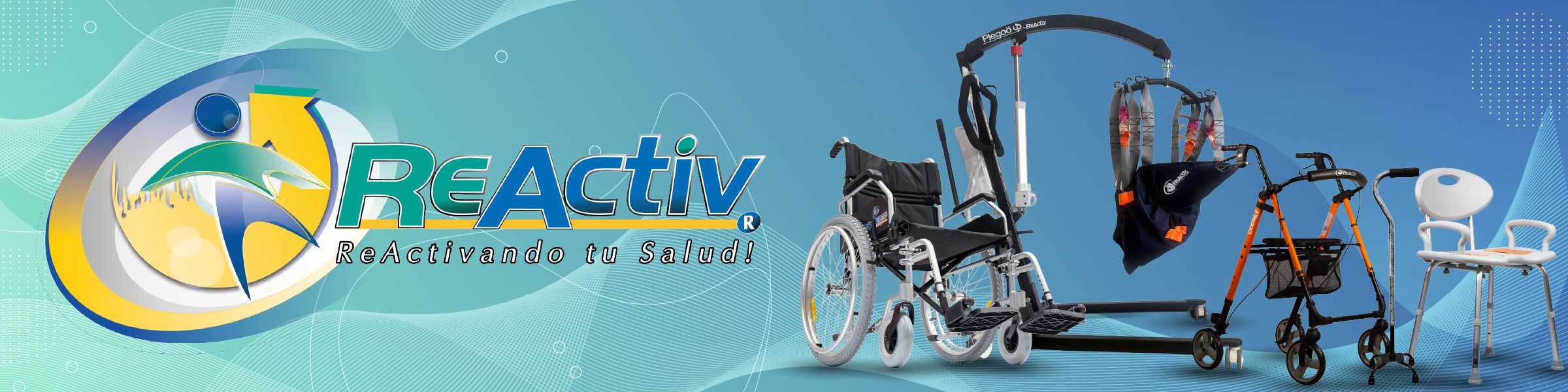 Logo de ReActiv Reactivando tu salud equipo ortopédico blanco asistencia en movilidad reducida silla de ruedas, andadera, asientos para ducha, arnés para grúa de pacientes