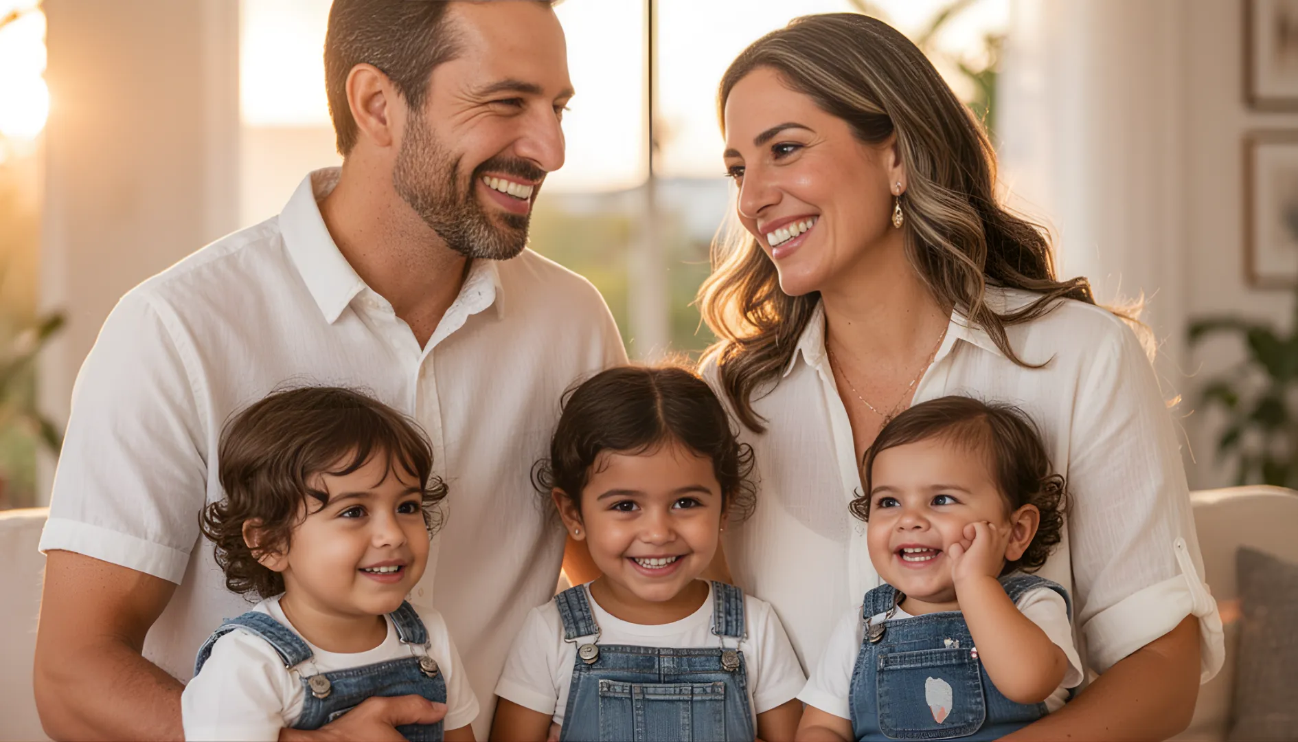 Familia con tres niños pequeños sonriendo en casa, representando protección familiar y seguridad integral con seguros iSure.