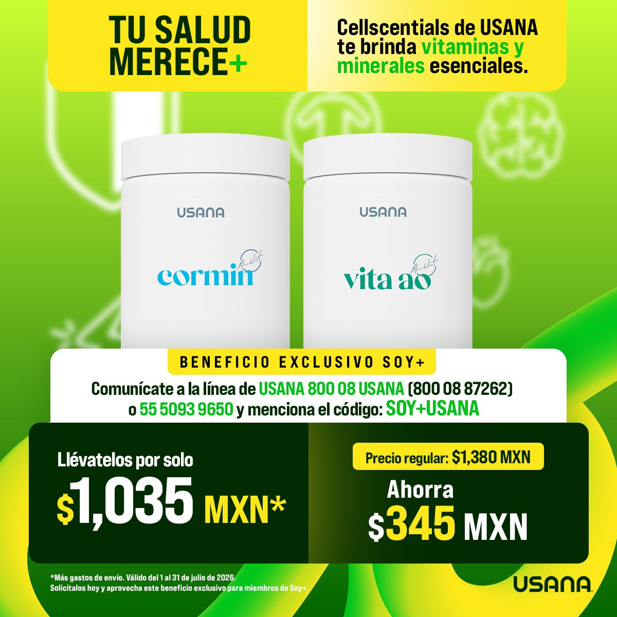 ¡Ahorra $345 MXN en tu Dúo CellSentials de USANA! Paga solo $1,035 MXN con tu beneficio exclusivo Soy+. Usa el código SOY+USANA. ¡Tiempo limitado!