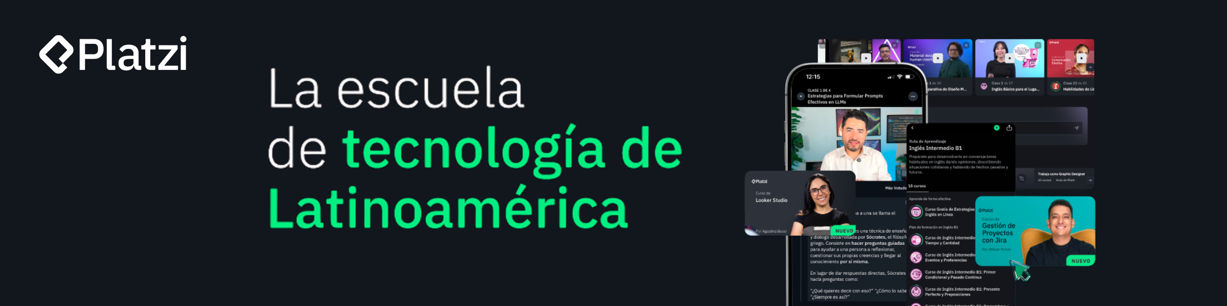 Banner institucional de Platzi con el mensaje “La escuela de tecnología de Latinoamérica”, mostrando la plataforma con cursos y clases en línea.