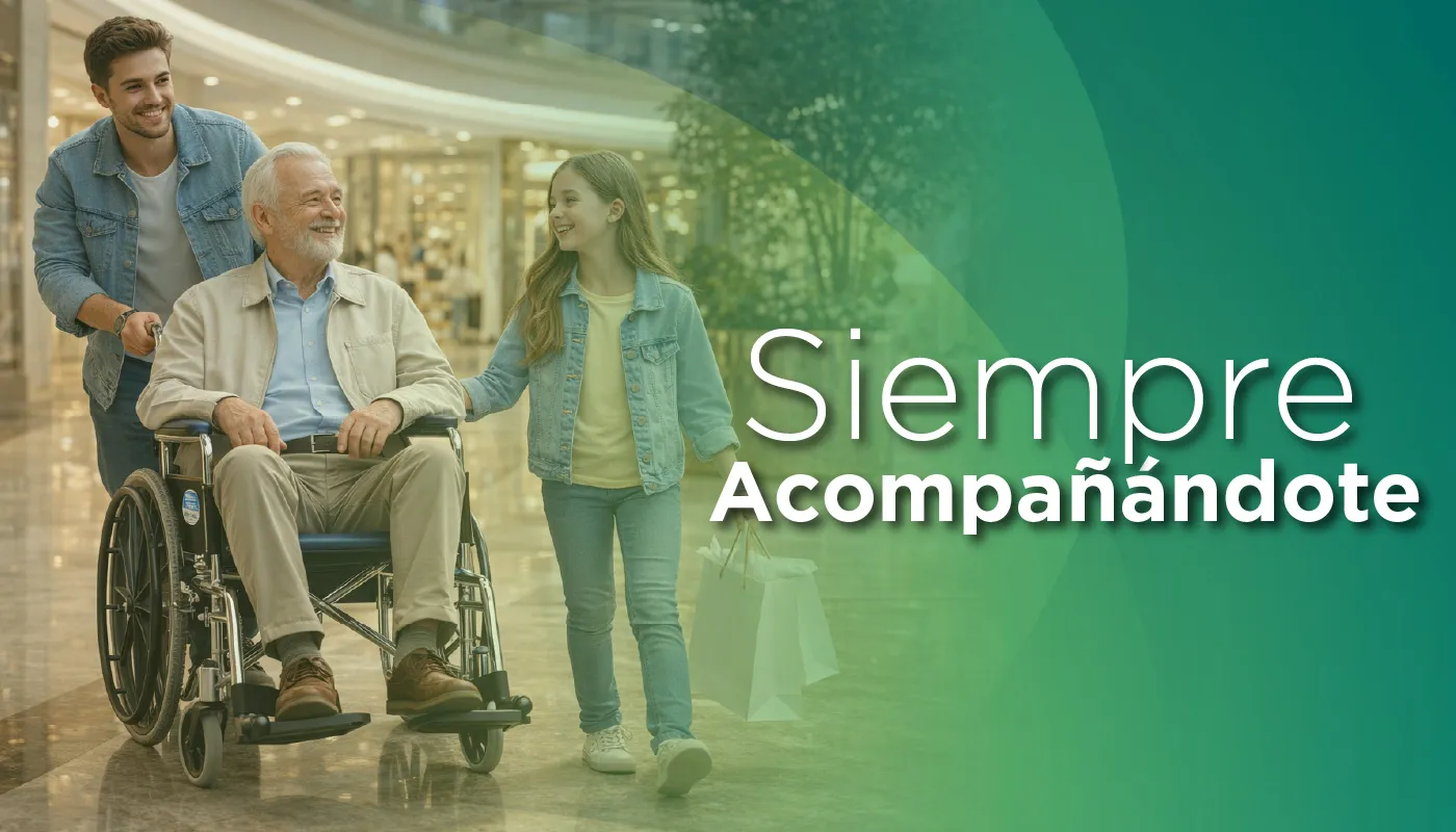 Siempre acompañándote, persona con movilidad reducida de tercera edad en silla de ruedas muestra plenitud y seguridad en compañía de sus familiares