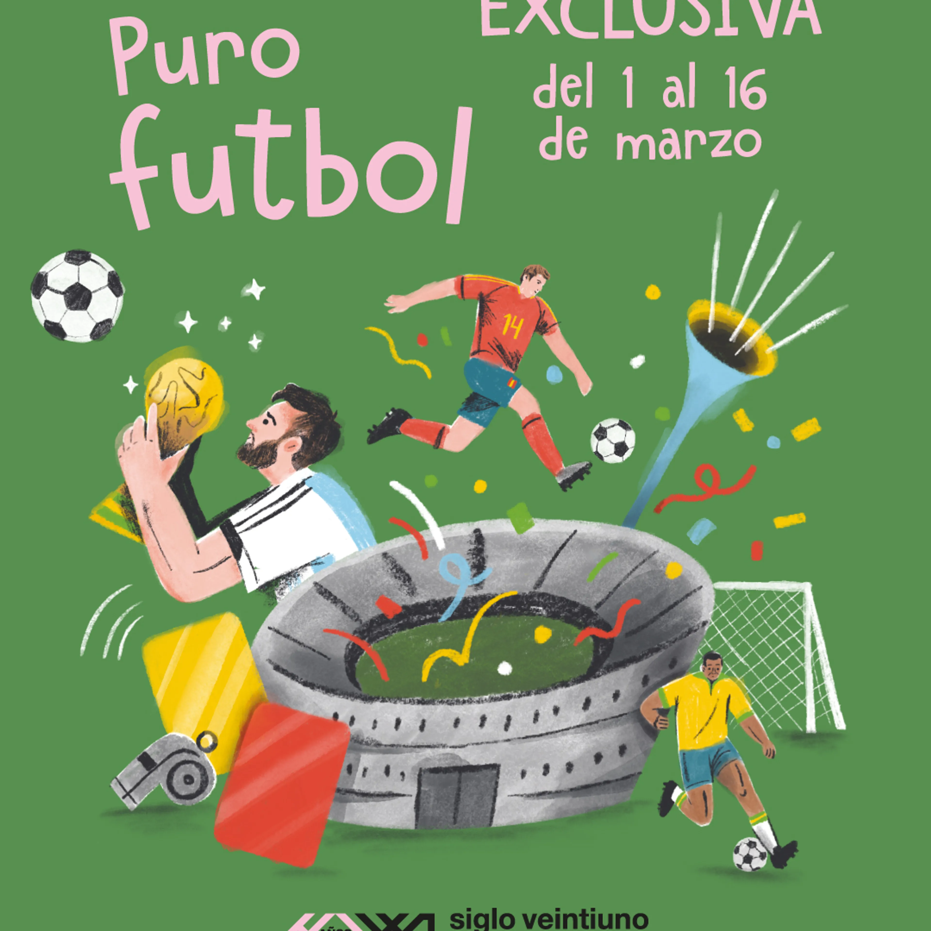 Cartel promocional de Librerías Gandhi sobre el libro "Puro futbol" de Eduardo Galeano. La imagen muestra una ilustración colorida con jugadores de fútbol, un estadio, trofeos y tarjetas sobre un fondo verde. Incluye fechas de preventa en línea del 1 al 28 de febrero y venta física del 1 al 16 de marzo.