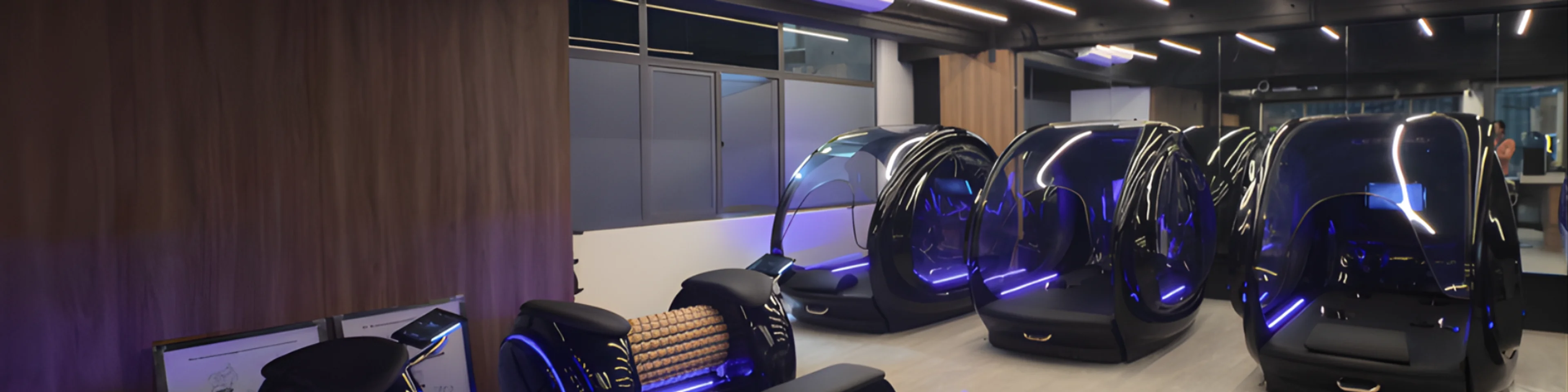 Espacio de cápsulas sensoriales y terapias corporales tecnológicas en Radiance Body Lab, diseñado para relajación profunda y bienestar integral.