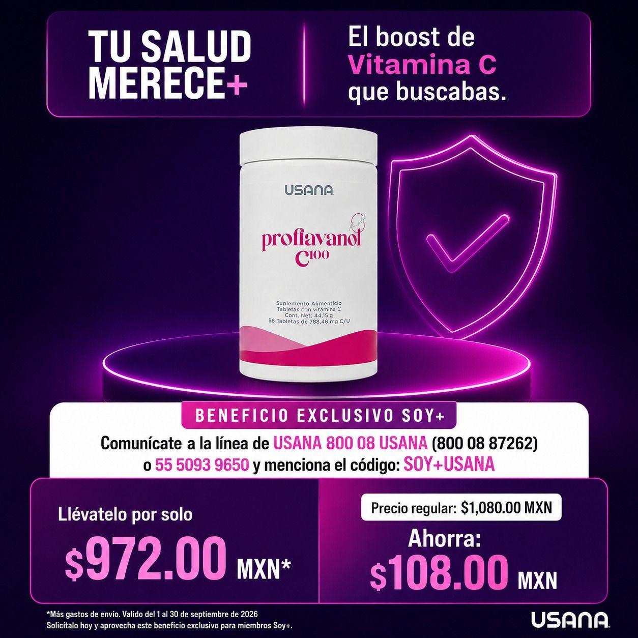 ¡Ahorra $108 MXN en tu Vitamina C de USANA! Llévatelo por solo $972 MXN con tu beneficio exclusivo Soy Más. Usa el código SOY+USANA al llamar al 800 08 87262 o 55 5093 9650. ¡Tiempo limitado!