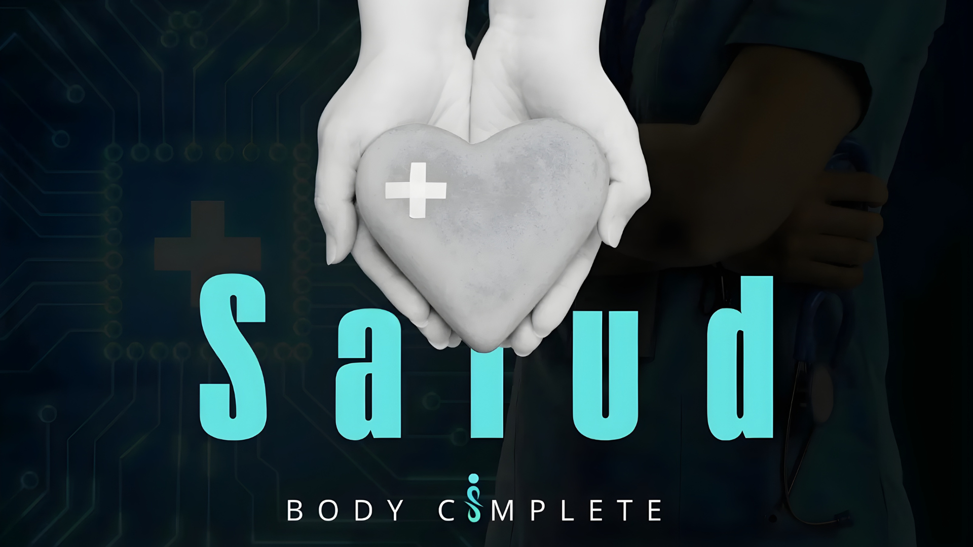 Manos sosteniendo un corazón con símbolo médico, ilustrando el cuidado integral de la salud física y emocional con Body Complete.