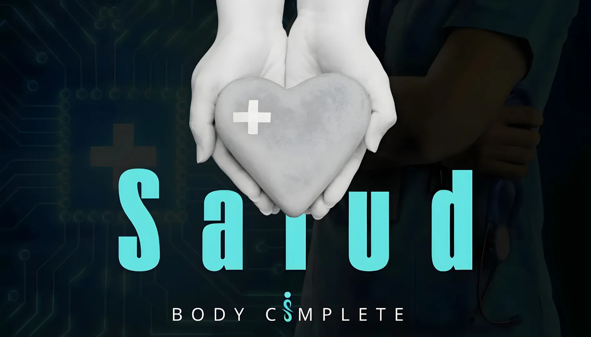 Manos sosteniendo un corazón con símbolo médico, ilustrando el cuidado integral de la salud física y emocional con Body Complete.