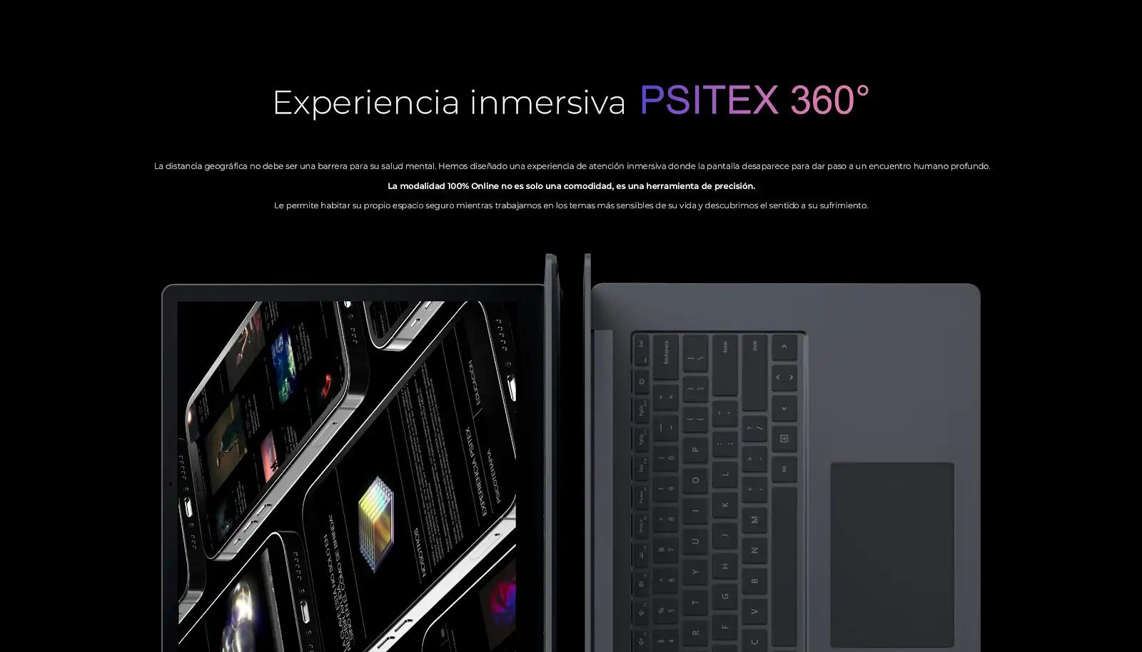 Sección de experiencia inmersiva PSITEX 360° para atención psicológica online desde un entorno seguro y privado.
