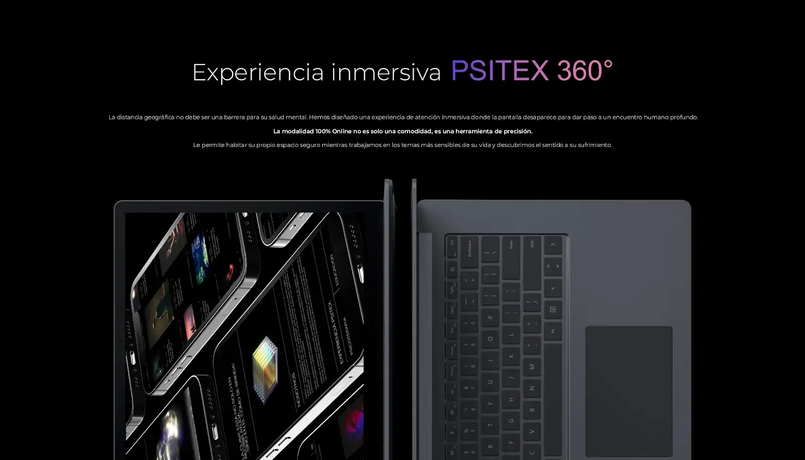 Sección de experiencia inmersiva PSITEX 360° para atención psicológica online desde un entorno seguro y privado.