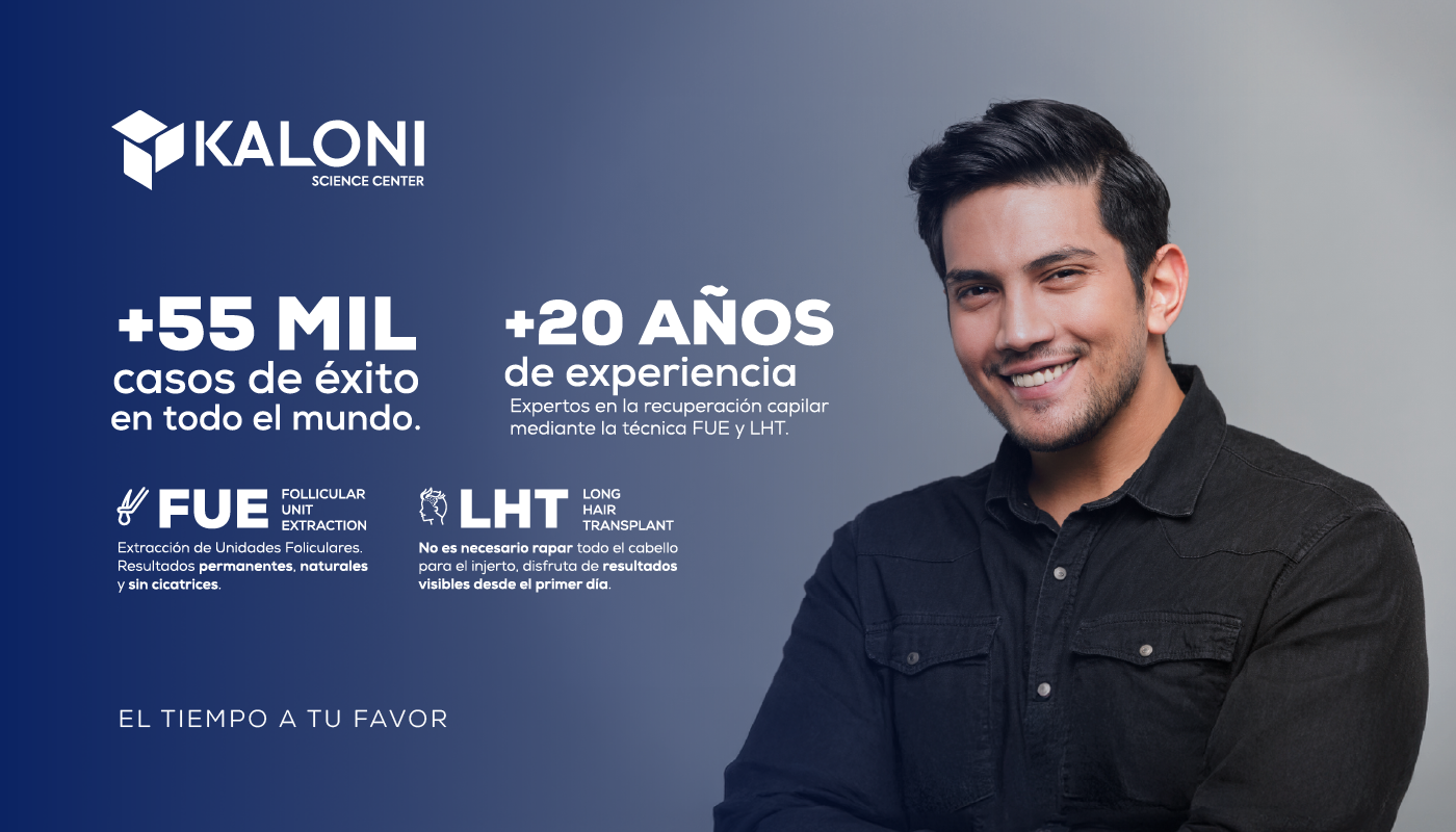 Hombre joven con cabello saludable acompañado de texto sobre experiencia y técnicas de Kaloni.