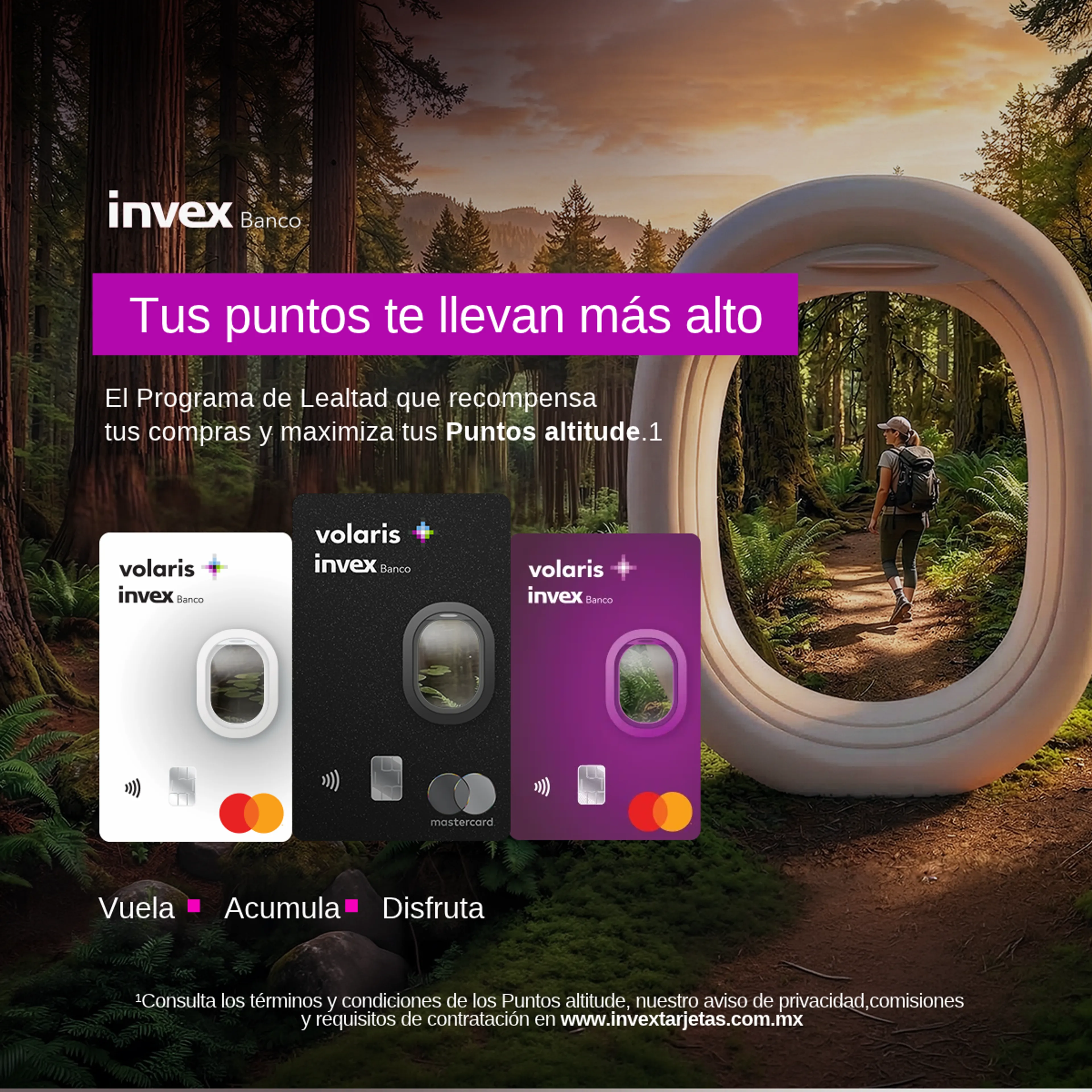 Hasta $150,000* de crédito, tres tarjetas de crédito Volaris Invex, Blanca, Negra y Morada
