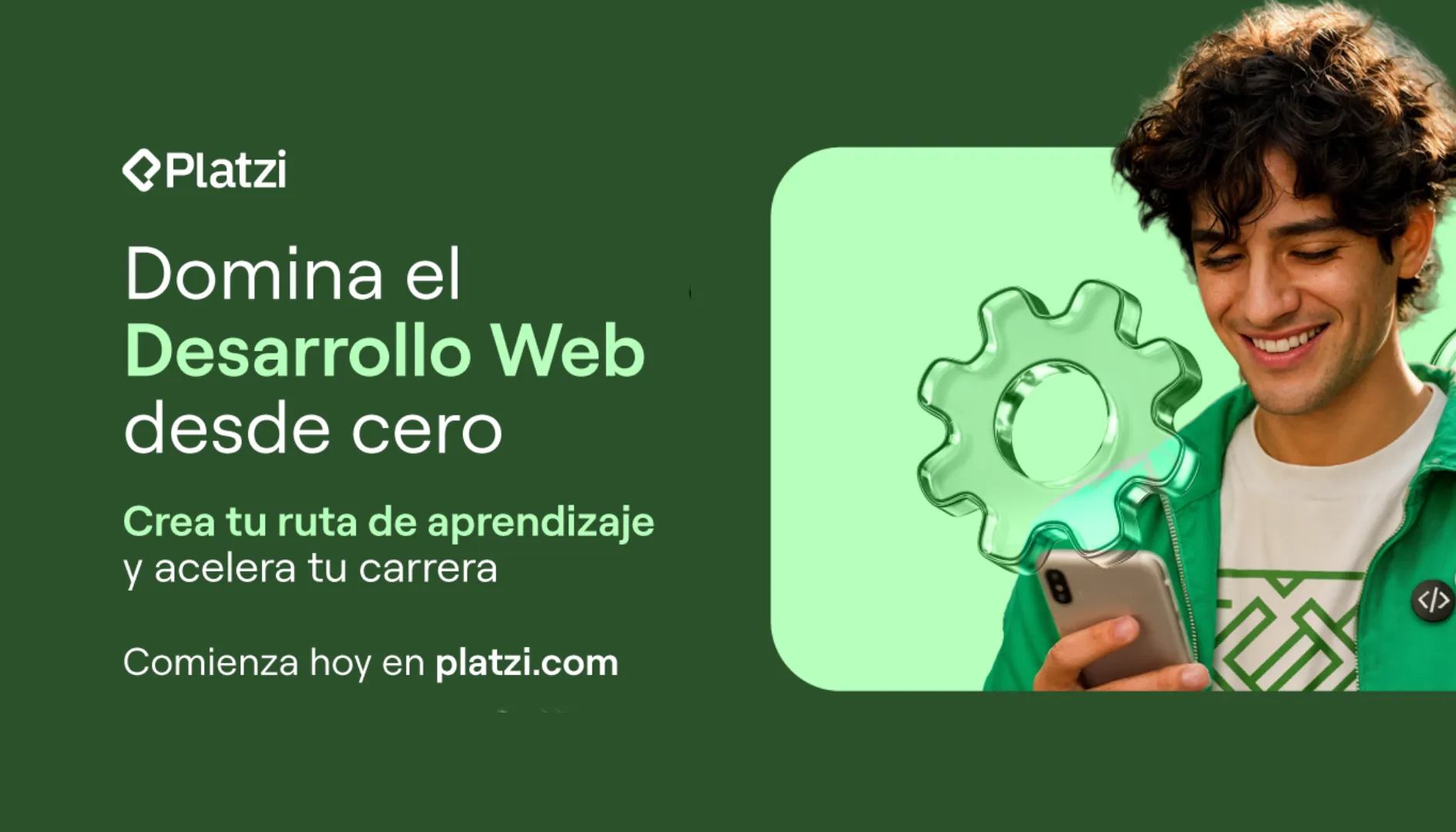 Banner de Platzi sobre desarrollo web desde cero, mostrando a un estudiante aprendiendo programación desde su celular.