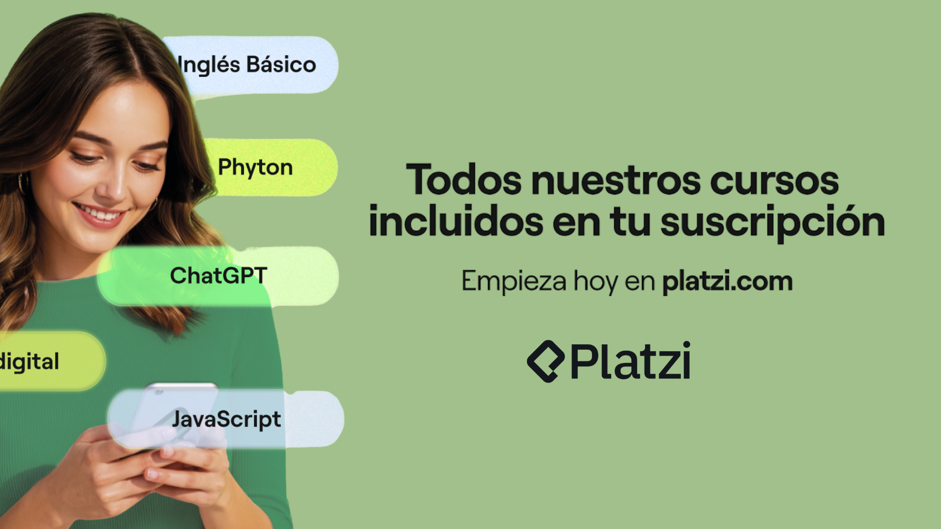 Publicidad de Platzi mostrando diferentes cursos incluidos en la suscripción como inglés, Python, JavaScript, ChatGPT y marketing digital.