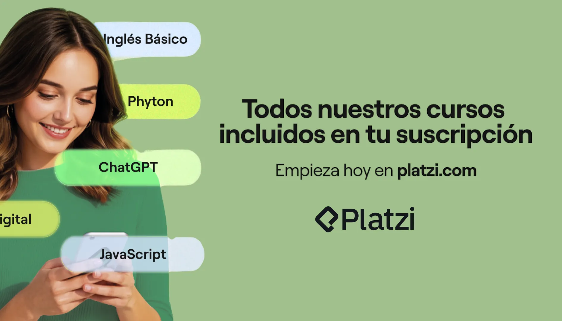 Publicidad de Platzi mostrando diferentes cursos incluidos en la suscripción como inglés, Python, JavaScript, ChatGPT y marketing digital.