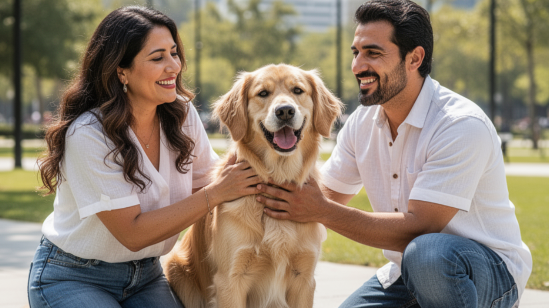 Pareja acariciando a su perro en un parque, simbolizando protección para mascotas y tranquilidad financiera con iSure.