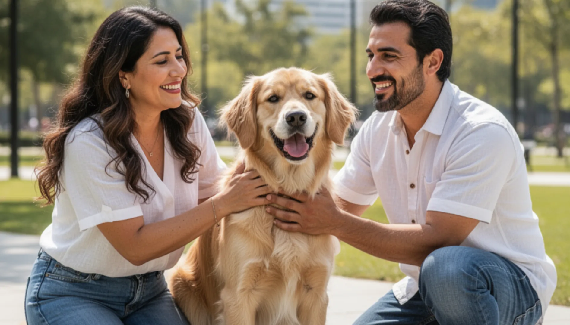 Pareja acariciando a su perro en un parque, simbolizando protección para mascotas y tranquilidad financiera con iSure.