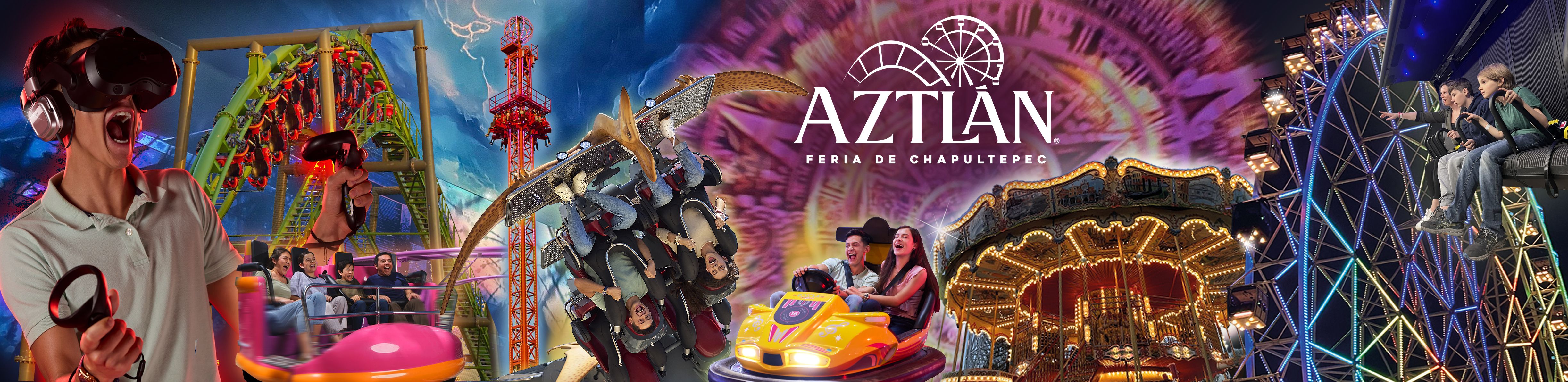 Collage vibrante con distintas atracciones de Aztlán Parque Urbano, incluyendo juegos mecánicos, realidad virtual y rueda de la fortuna.