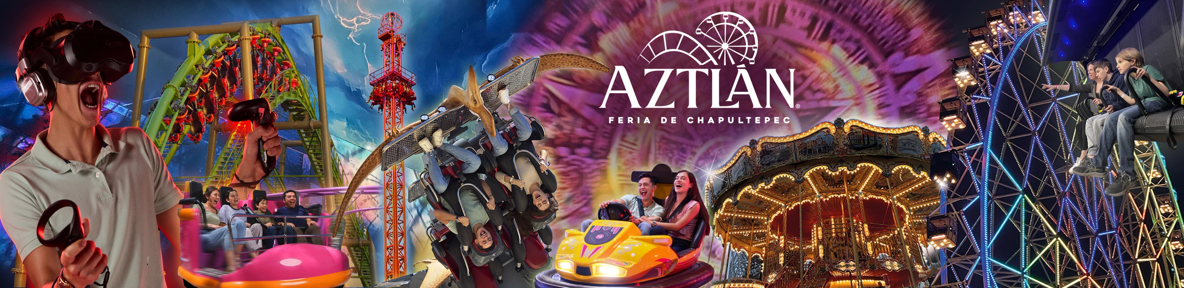 Collage vibrante con distintas atracciones de Aztlán Parque Urbano, incluyendo juegos mecánicos, realidad virtual y rueda de la fortuna.