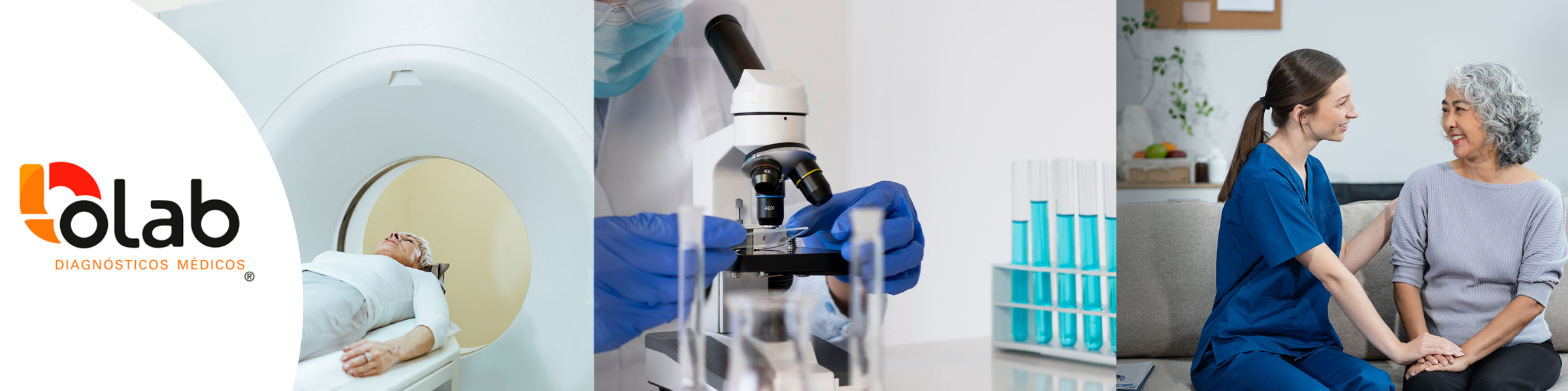 Banner institucional de Olab Diagnósticos Médicos que muestra estudios de imagen, análisis de laboratorio y atención humana enfocada en el bienestar integral del paciente.