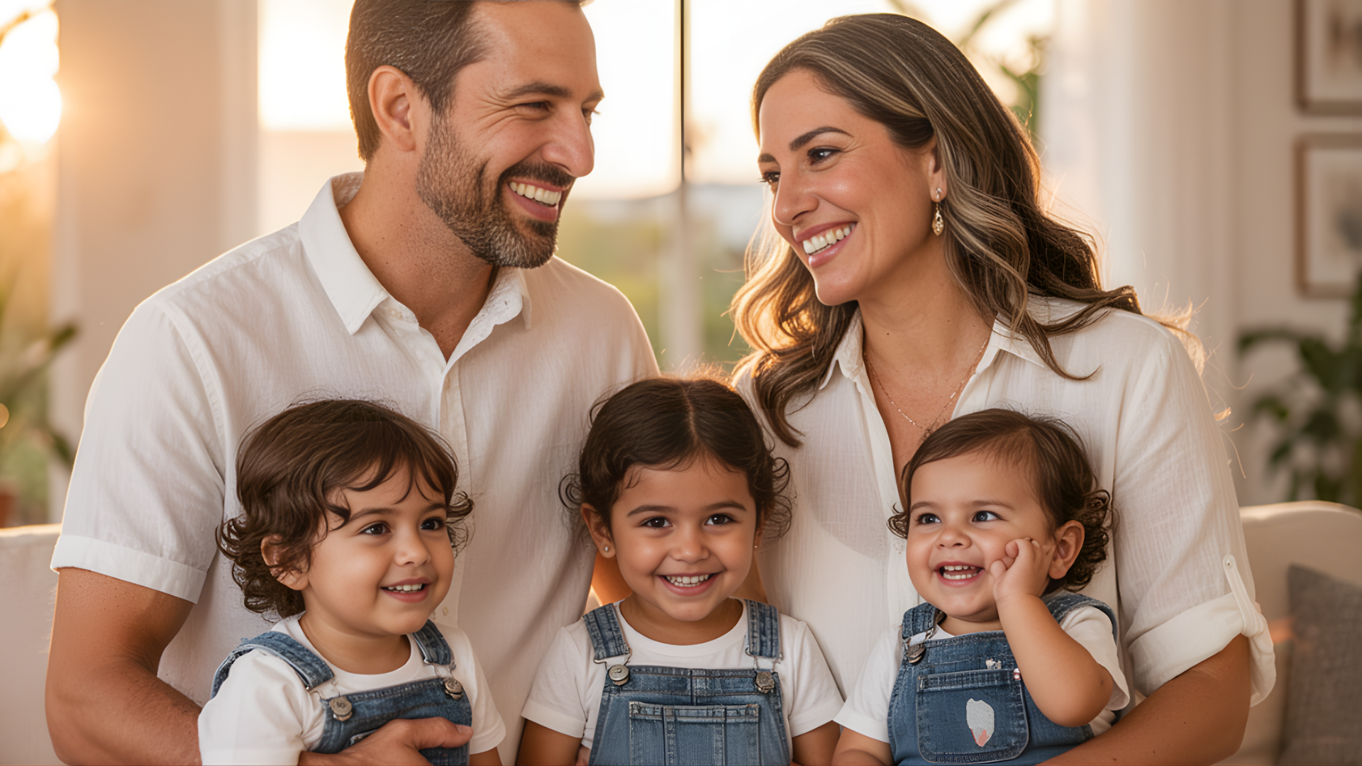 Familia con tres niños pequeños sonriendo en casa, representando protección familiar y seguridad integral con seguros iSure.