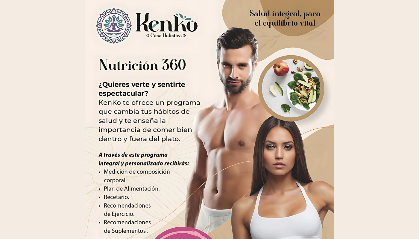 KenKo Wellness – Programa Nutrición 360: imagen de un hombre y una mujer en ropa deportiva junto a un plato saludable. Promoción de salud integral con plan de alimentación, medición de composición corporal, recomendaciones de ejercicio y suplementos, enfocado en equilibrio físico, mental y espiritual