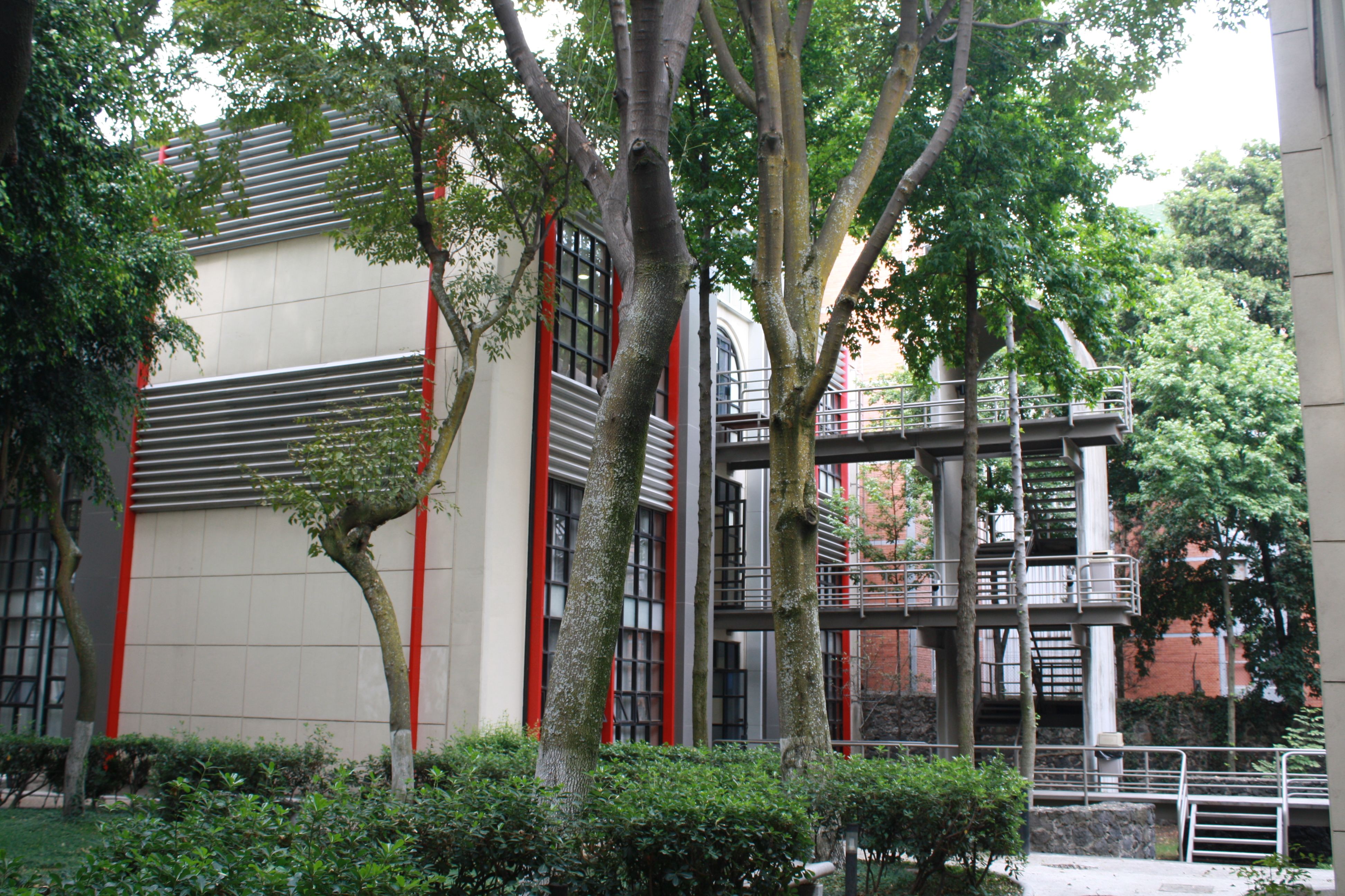 Edificio universitario ITAM con pasarelas y escaleras exteriores entre árboles, mostrando infraestructura académica y espacios de formación profesional.